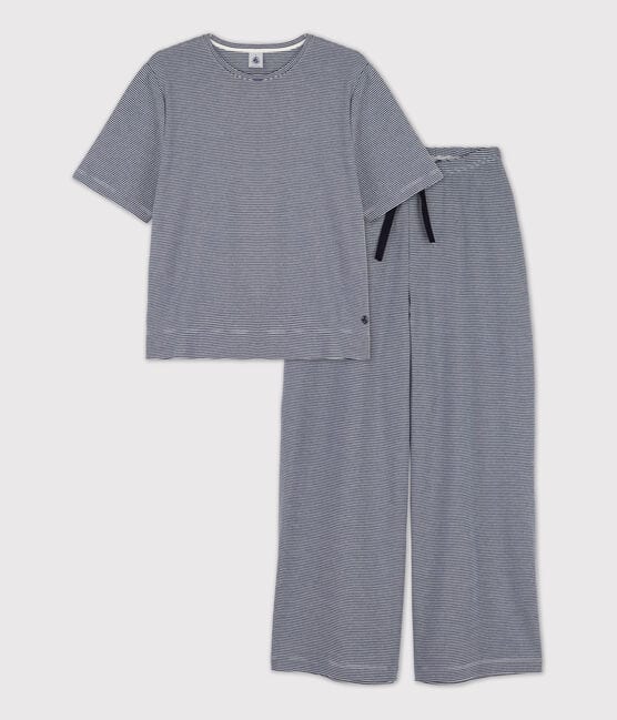 Pyjama milleraies femme en coton bleu MEDIEVAL/blanc MARSHMALLOW