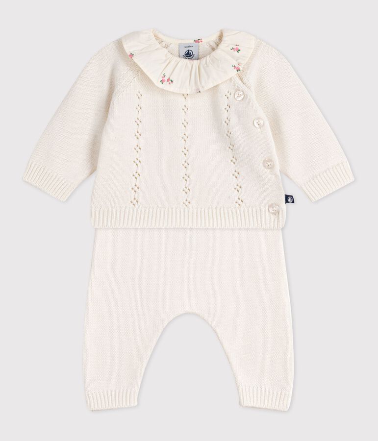 Ensemble 2 pi&egrave;ces b&eacute;b&eacute; en laine et coton et colerette fleurie blanc MARSHMALLOW