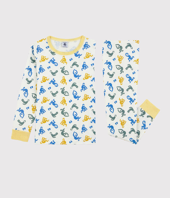 Pyjama singes phosphorescents petit garçon en coton blanc MARSHMALLOW/blanc MULTICO