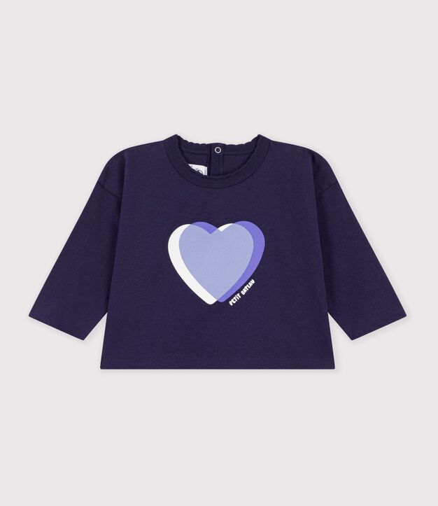 Tee-shirt b&eacute;b&eacute; en coton manches longues uni &agrave; motif bleu marine