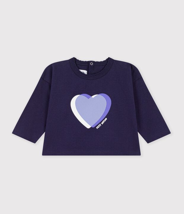 Tee-shirt b&eacute;b&eacute; en coton manches longues uni &agrave; motif bleu marine