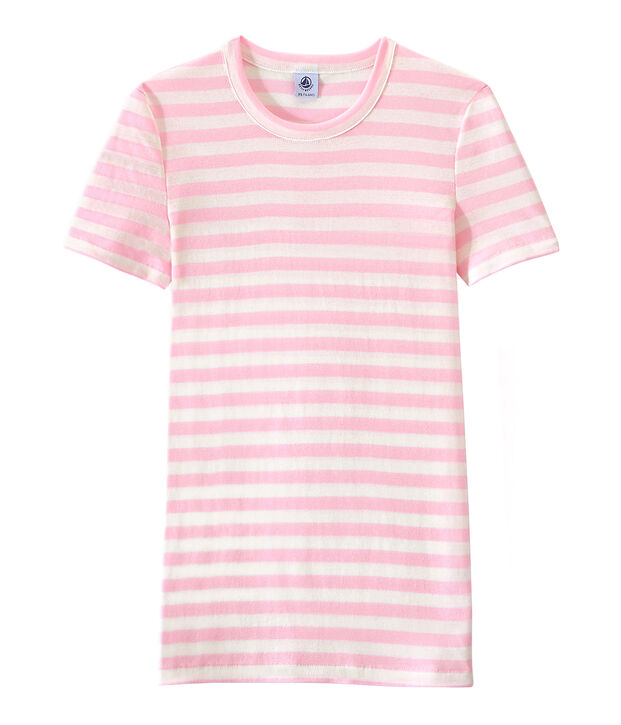 T-shirt femme en c&ocirc;te originale ray&eacute;e rose/blanc