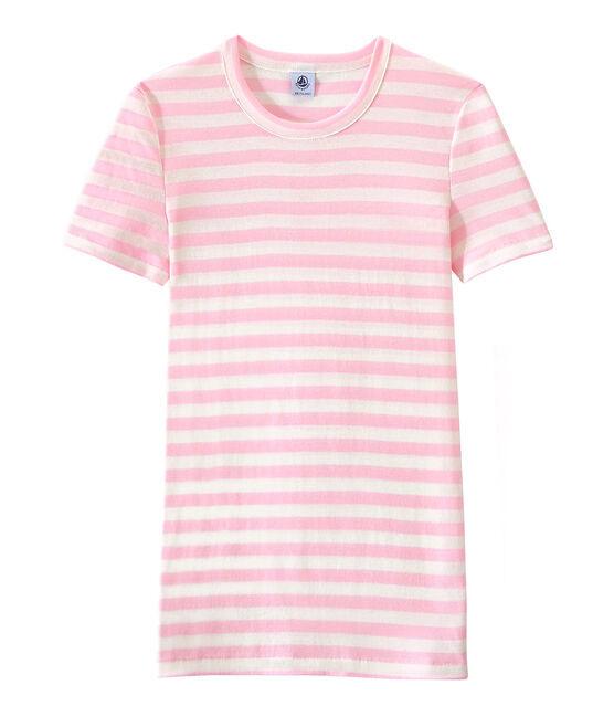T-shirt femme en côte originale rayée rose BABYLONE/blanc MARSHMALLOW
