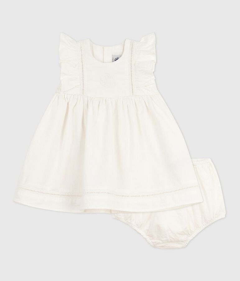 Robe b&eacute;b&eacute; en coton sans manche unie et brod&eacute;e avec son bloomer blanc ECUME