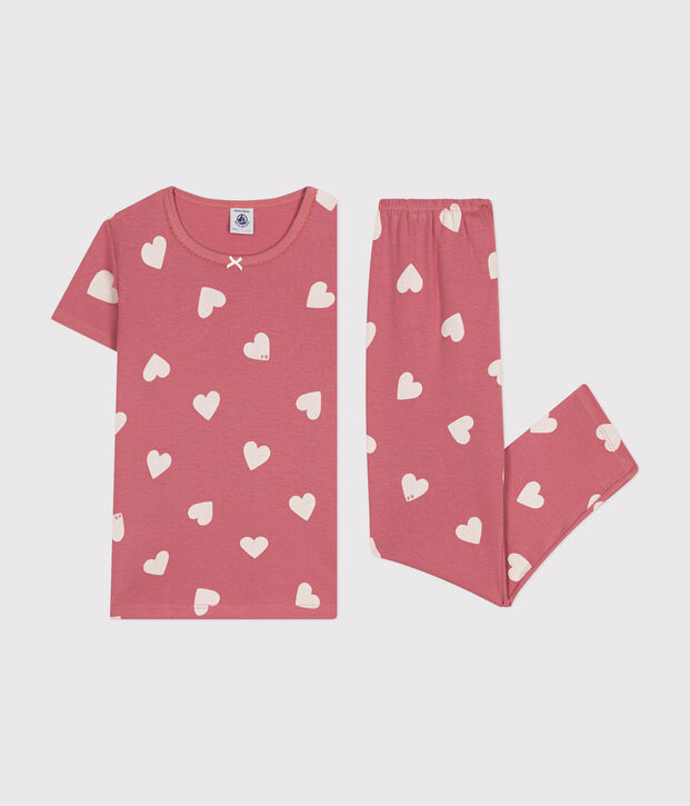 Pyjama en coton imprim&eacute; motif c&oelig;ur enfant rose/&eacute;cru