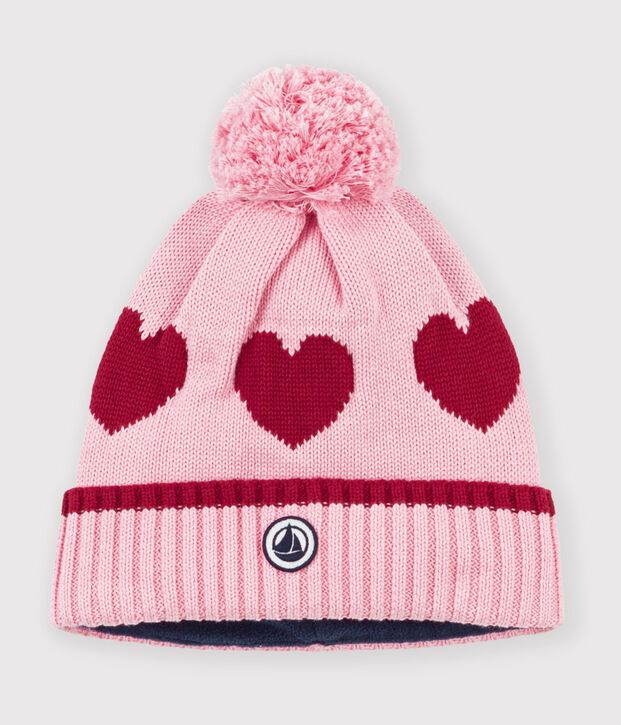 Bonnet enfant jacquard en tricot doubl&eacute; polaire rose/rouge