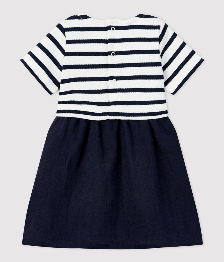 Robe bi-mati&egrave;re en gaze de coton et jersey &eacute;pais bio b&eacute;b&eacute; blanc MARSHMALLOW/bleu SMOKING