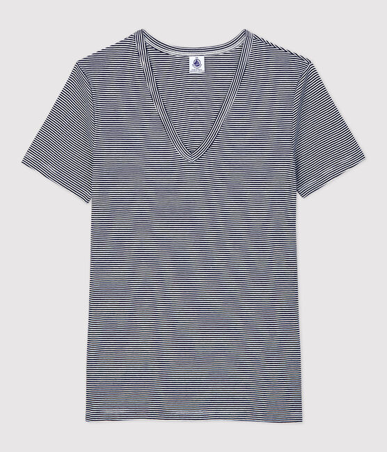 Tee-shirt L'ICONIQUE col V en coton bio Femme bleu SMOKING/blanc MARSHMALLOW