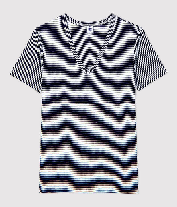 Tee-shirt L'ICONIQUE col V en coton bio Femme bleu/blanc