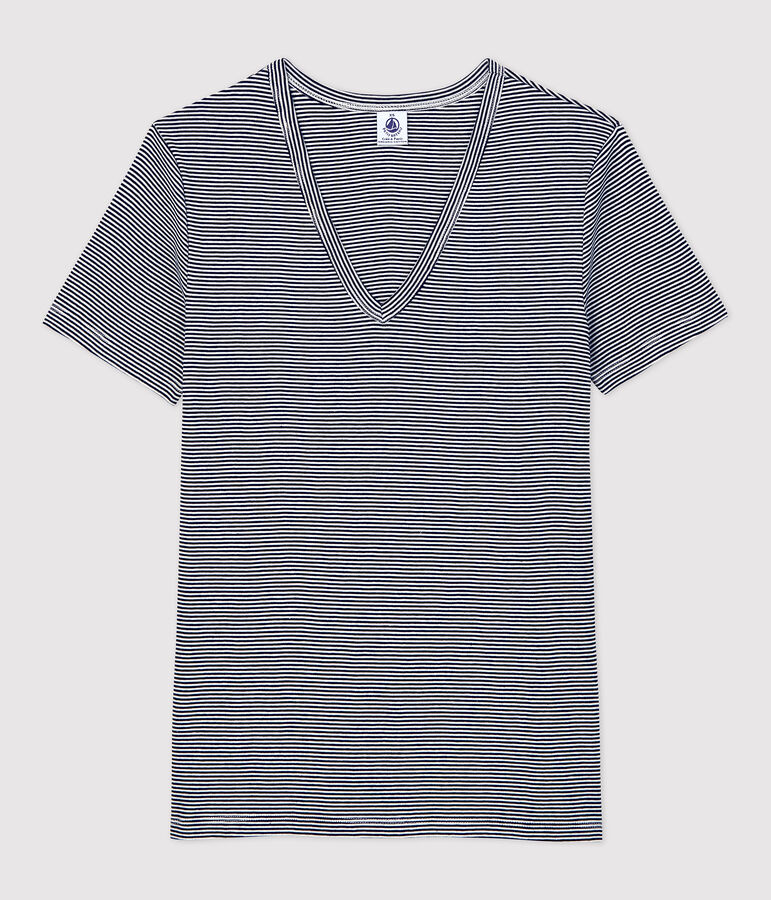 Tee-shirt L'ICONIQUE col V en coton bio Femme bleu/blanc