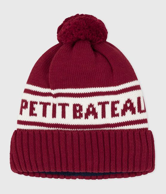 Bonnet enfant en tricot doublé en polaire Petit Bateau rouge AMARANTE/ MARSHMALLOW