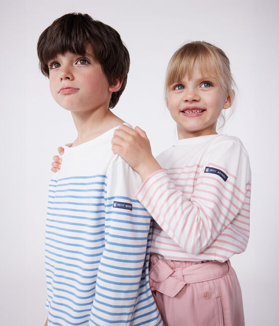 Teeshirt marinière enfant en coton manches longues blanc MARSHMALLOW/rose CHARME