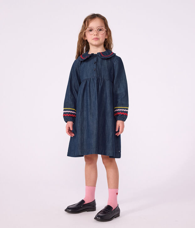 Robe enfant en denim manches longue unie bleu