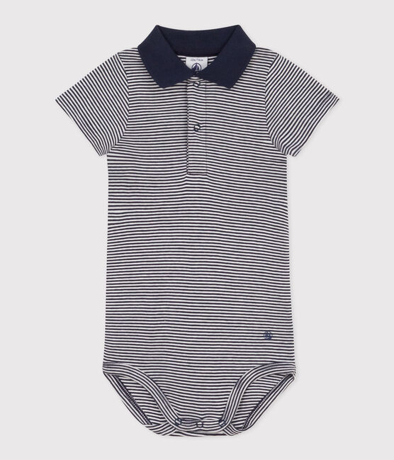 Body manches courtes col polo en coton rayé bébé bleu SMOKING/blanc MARSHMALLOW