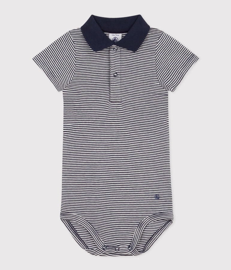 Body manches courtes col polo en coton ray&eacute; b&eacute;b&eacute; bleu SMOKING/blanc MARSHMALLOW