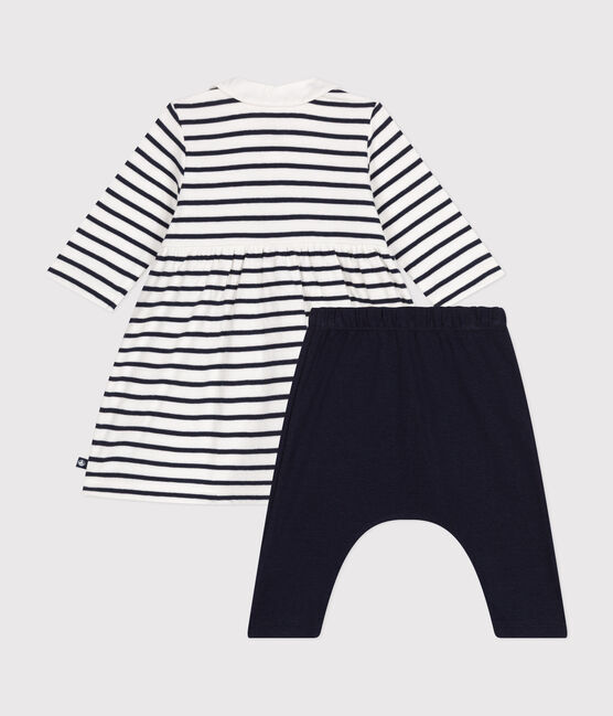 Robe et legging en coton bébé blanc MARSHMALLOW/bleu SMOKING
