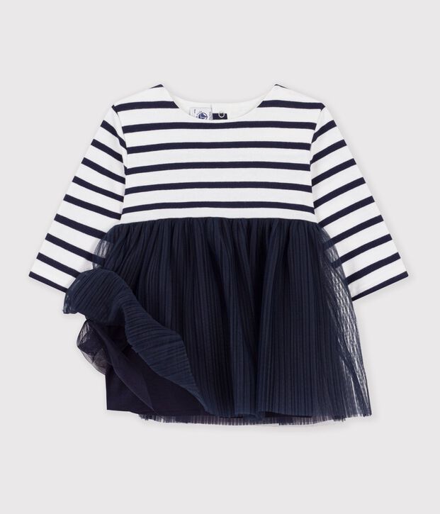 Robe b&eacute;b&eacute; bi-mati&egrave;re manches longues &agrave; rayures blanc/multicouleur
