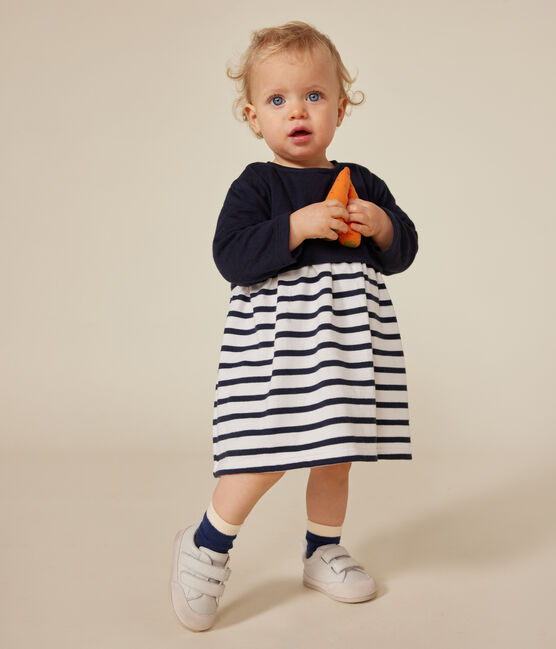 Robe manches longues en tubique bébé bleu SMOKING/blanc MARSHMALLOW