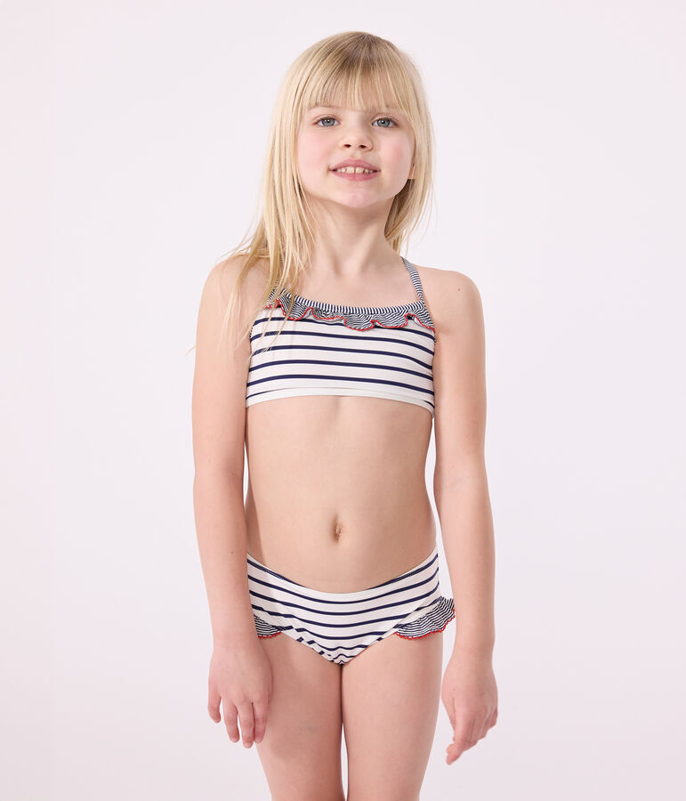 Maillot de bain deux pi&egrave;ces enfant &agrave; rayures blanc MARSHMALLOW/bleu MEDIEVAL