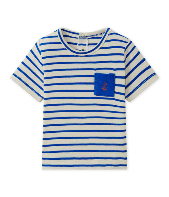 T-shirt bébé garçon manches courtes rayé blanc FETA/bleu PERSE