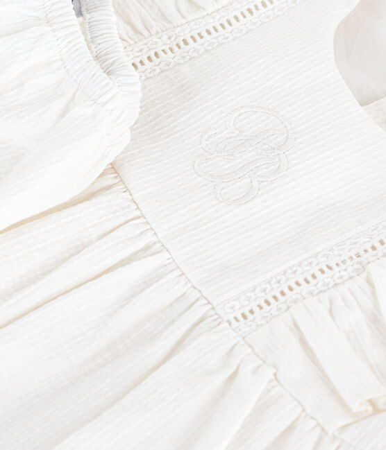 Robe bébé en coton sans manche unie et brodée avec son bloomer blanc ECUME