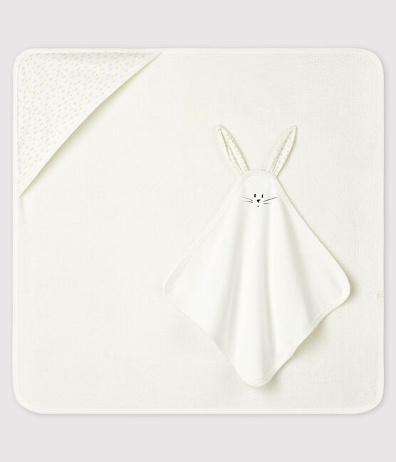 Coffret carré de bain et doudou bébé en éponge et tubique en coton biologique blanc MARSHMALLOW/blanc MULTICO