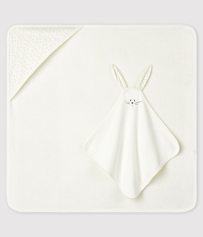 Coffret carr&eacute; de bain et doudou b&eacute;b&eacute; en &eacute;ponge et coton biologique blanc/multicouleur