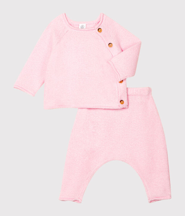 Ensemble deux pi&egrave;ces b&eacute;b&eacute; en coton, laine m&eacute;rinos et polyester rose clair