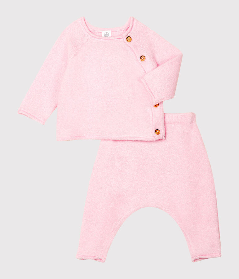 Ensemble deux pi&egrave;ces b&eacute;b&eacute; en coton, laine m&eacute;rinos et polyester rose