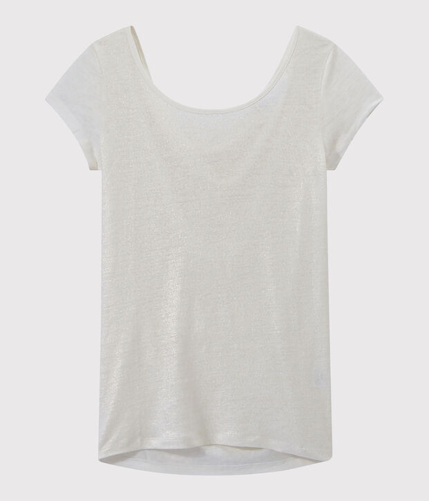 T-shirt femme col b&eacute;nitier au dos en lin iris&eacute; blanc/jaune