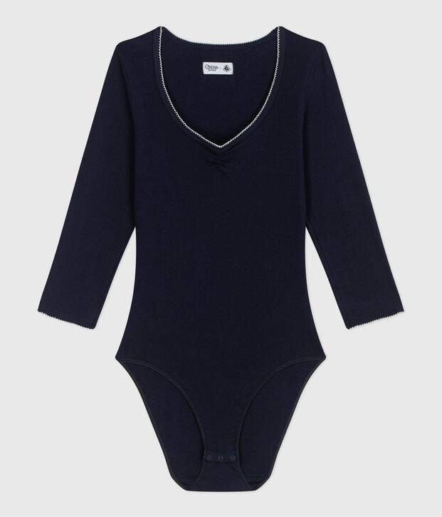 Body femme en coton manches courtes uni bleu marine