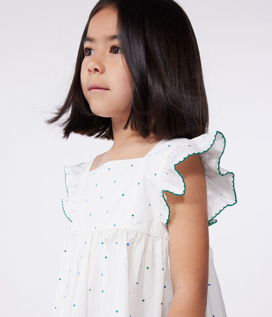 Robe longue sans manche enfant en coton à pois blanc MARSHMALLOW/blanc MULTICO