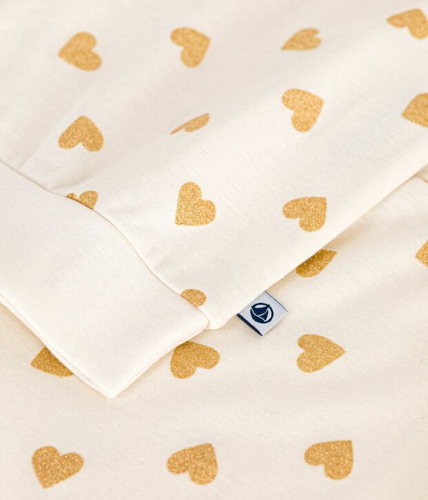 Pyjama femme en coton imprim&eacute; c&oelig;urs dor&eacute;s &eacute;cru/jaune