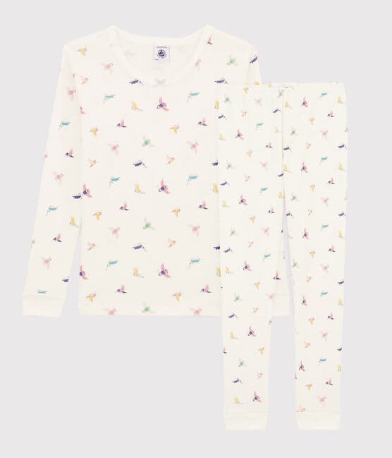 Pyjama snugfit imprimé oiseaux petite fille en côte blanc MARSHMALLOW/blanc MULTICO