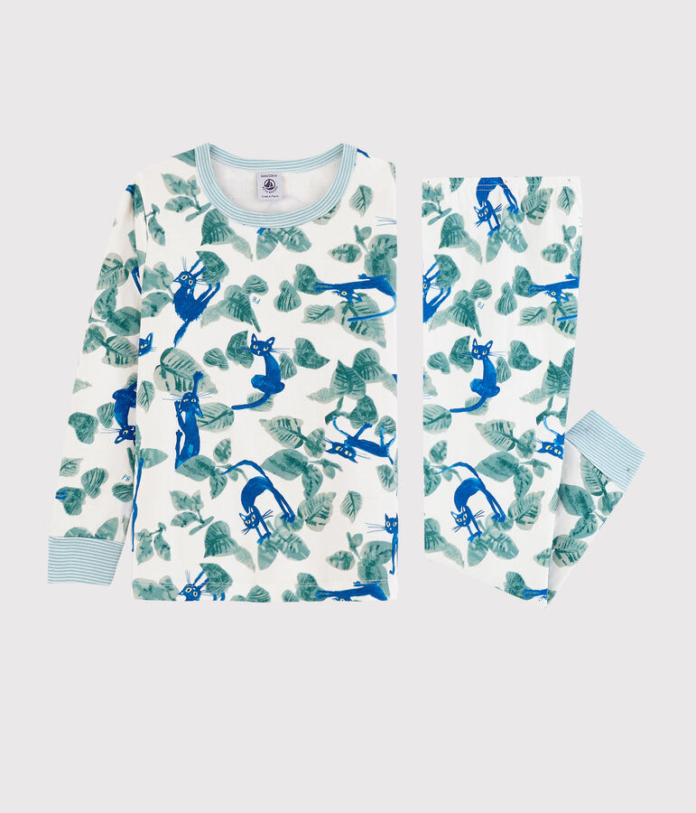 Pyjama imprim&eacute; chats petit gar&ccedil;on en tubique blanc MARSHMALLOW/blanc MULTICO