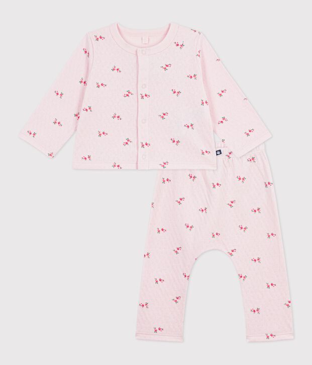 Ensemble long 2 pi&egrave;ces b&eacute;b&eacute; en coton, imprim&eacute; fleurs rose/multicouleur