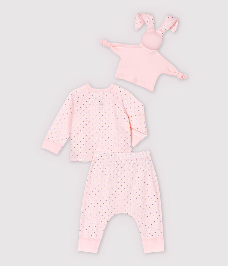 Ensemble 3 pi&egrave;ces rose b&eacute;b&eacute; fille en coton biologique rose/bleu