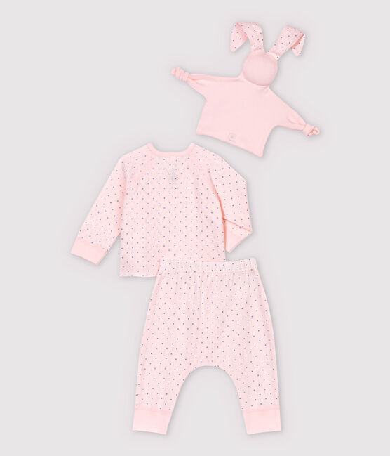 Ensemble 3 pièces rose bébé fille en coton biologique rose FLEUR/bleu EDNA