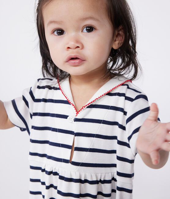 Robe marinière bébé en coton manches courtes et col vareuse blanc MARSHMALLOW/bleu SMOKING