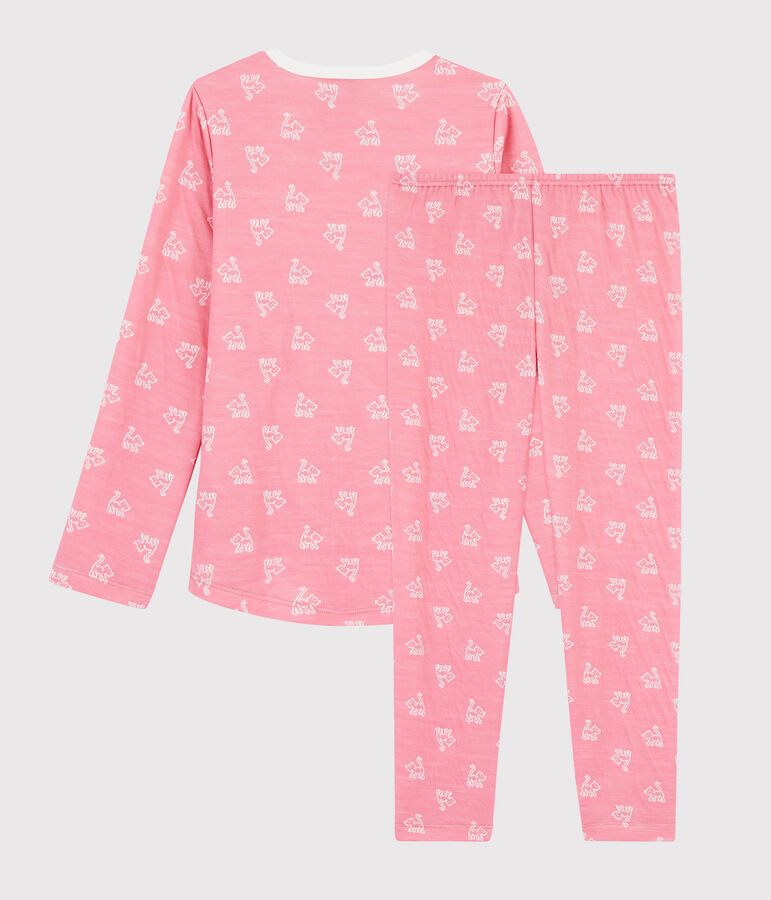 Pyjama jacquard chats petite fille en laine et coton rose/blanc