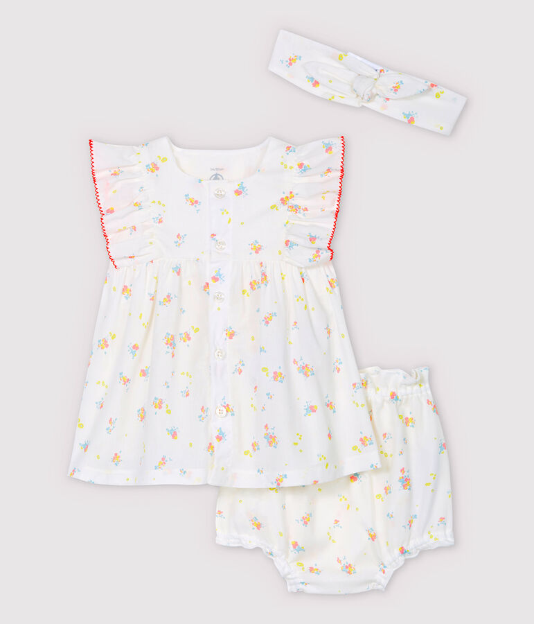 Robe sans manches avec bloomer et bandeau b&eacute;b&eacute; fille en popeline de coton biologique blanc MARSHMALLOW/blanc MULTICO