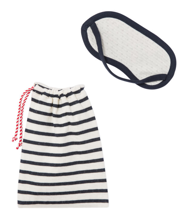 Lot masque + pochon en tubique bleu/blanc