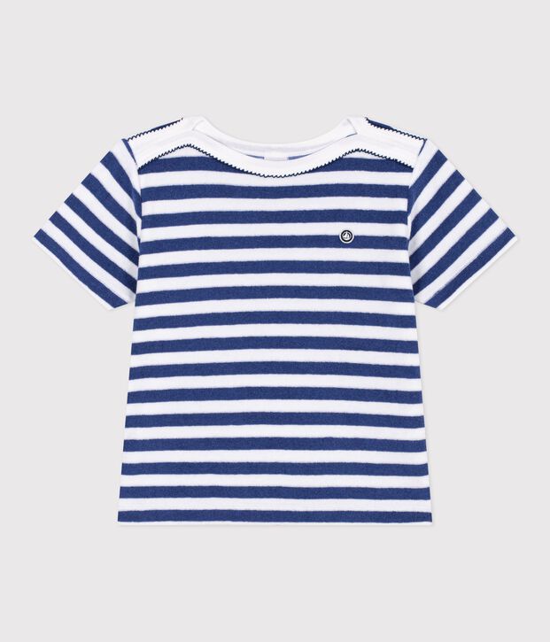 Tee-shirt enfant manches courtes en coton &agrave; rayures bleu/blanc