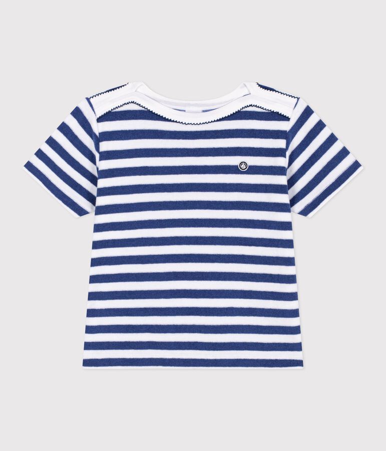 Tee-shirt enfant manches courtes en coton &agrave; rayures bleu/blanc