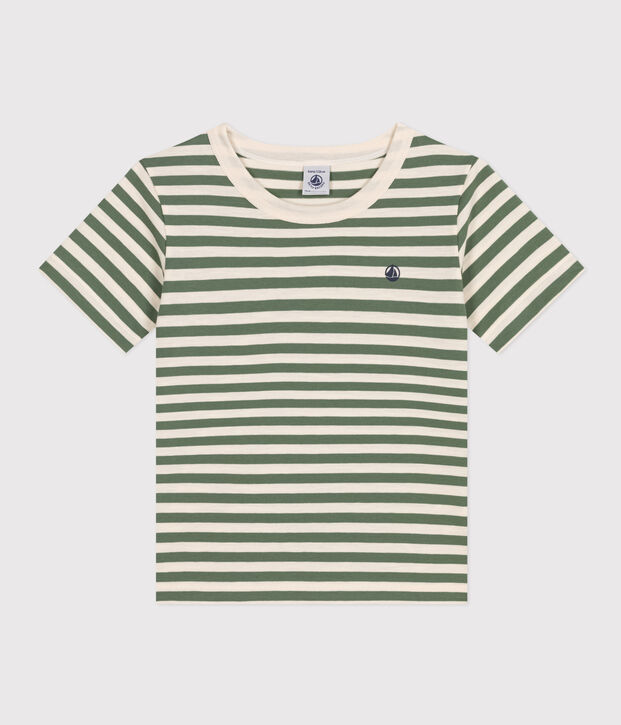 Tee-shirt ray&eacute; en jersey l&eacute;ger enfant gar&ccedil;on vert/&eacute;cru