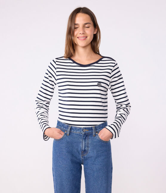 Marinière femme en coton manches longues blanc MARSHMALLOW/bleu SMOKING