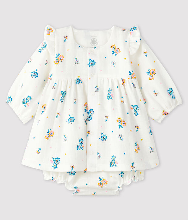Robe fleurie manches longues avec bloomer b&eacute;b&eacute; fille en tissu couche blanc/multicouleur