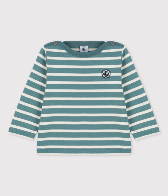 Marinière en jersey épais de coton bébé vert BRUT/blanc AVALANCHE