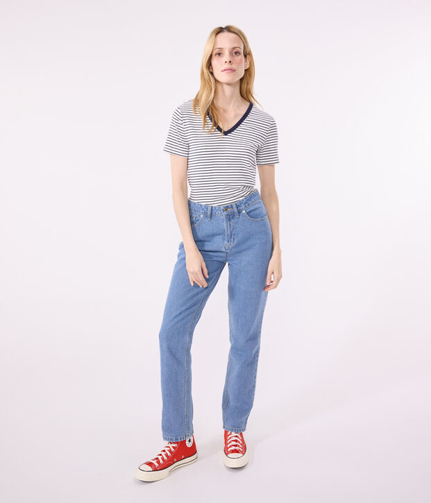 Tee-shirt l'Iconique col V en coton ray&eacute; femme blanc/bleu