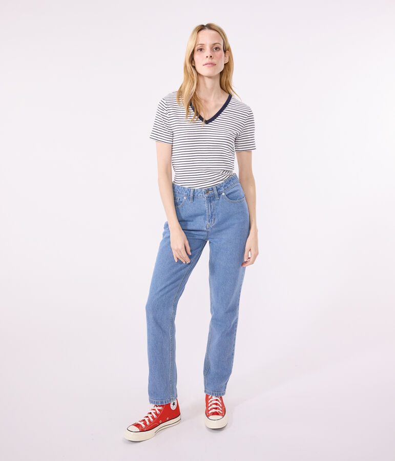 Tee-shirt l'Iconique col V en coton ray&eacute; femme blanc MARSHMALLOW/bleu SMOKING